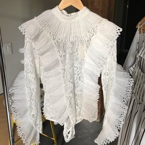 The Sang White Lace Long Sleeve Ruffle Bodysuit